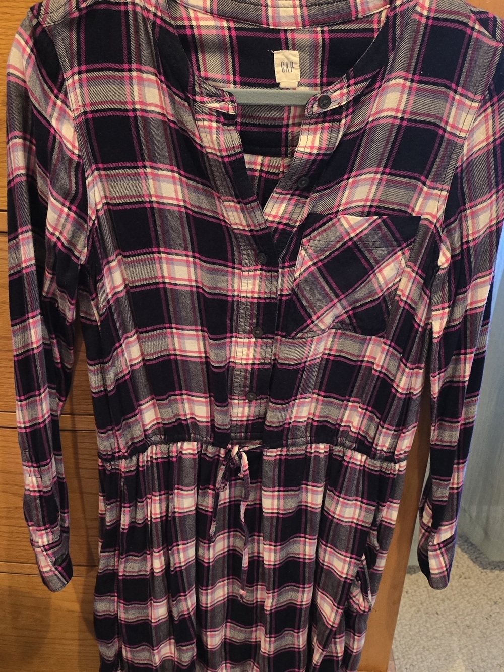 GAP Women’s Pink and Black Plaid Dress, Drawstring Waist, XS